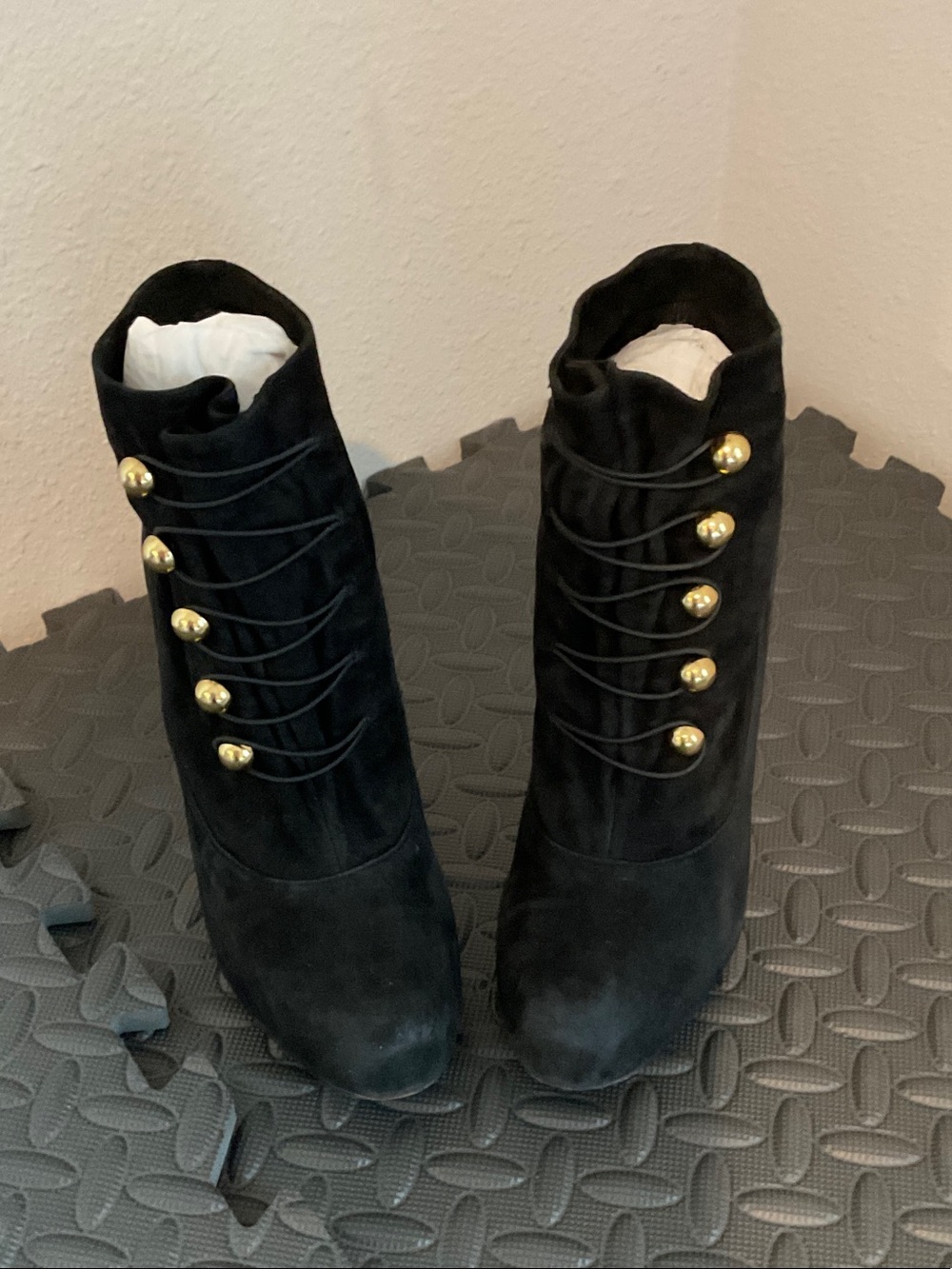 Steve Madden Black Suede Ankle Boots with Gold Button Detail